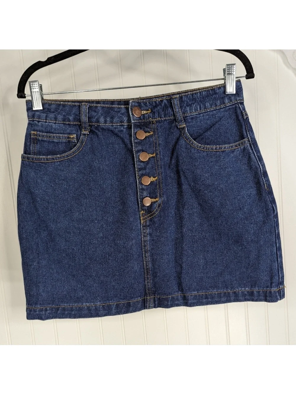 Forever 21 Blue Denim Mini Skirt with Rainbow Pocket Trim Sz Small